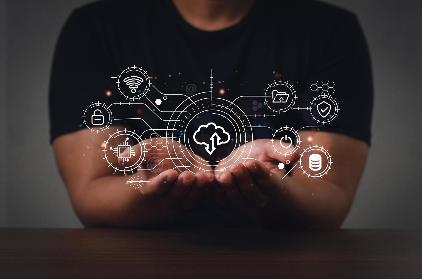it-technology-and-support-concept-vector-illustration-with-digital-network-related-icons-hands-out-with-chart-and-graph-icons-on-digital-screen-interface-and-business-man-in-background-free-photo